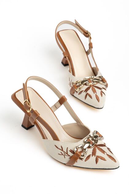 Katya Women's Tan Embroidered Gold Accessory Heeled Shoes