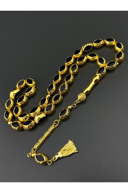 Black Enameled Heavy Gold Simulated Metal Prayer Beads Gift for Men