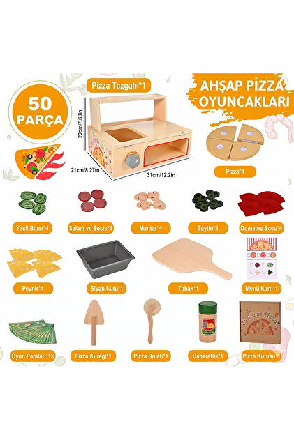 Limon Dekor Ahşap Çocuk Mutfak Seti Oyuncak Pizza Fırını - 50