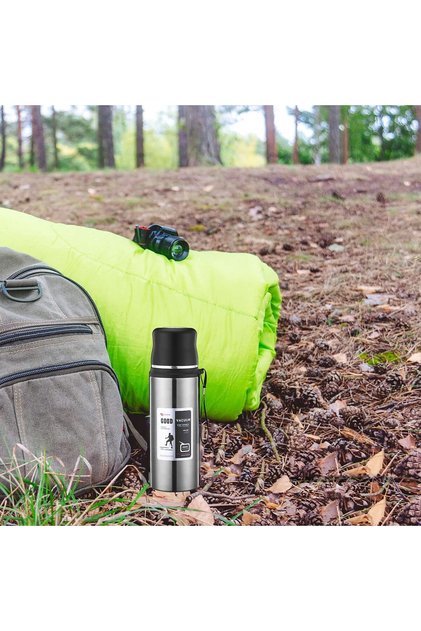 1 Liter Camping Thermos Keeps Hot for 12 Hours and Cold for 24 Hours Metallic