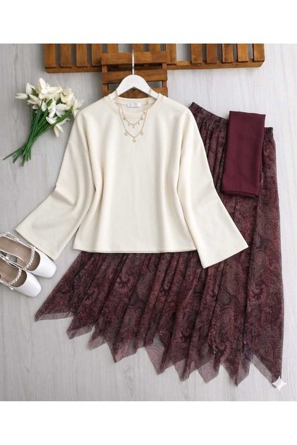 Women's Skirt Ethnic Pattern Detailed Blouse Set
