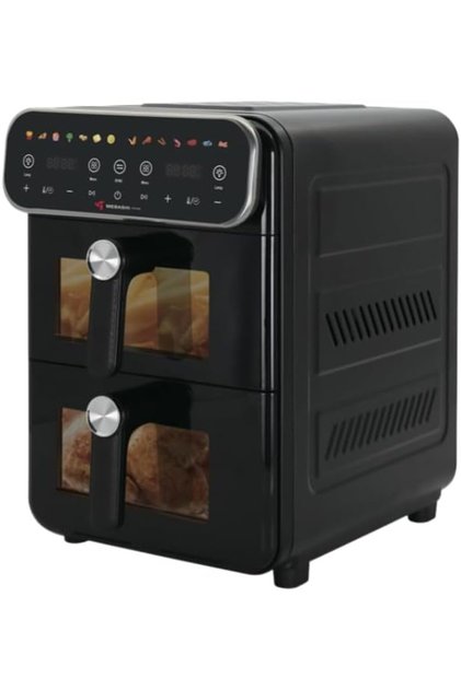 ME-AF1400DS Air Fryer Double Stack 2100–2500W, 14L (8L + 6L) Dual Zone with Window, LED Touch Screen, 14 Preset Programs, High-Speed Air Circulation – Black