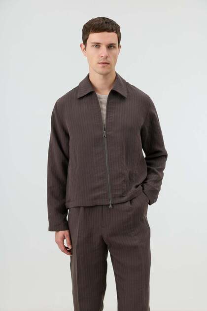 Brown Modal Blend Striped Men's Coat