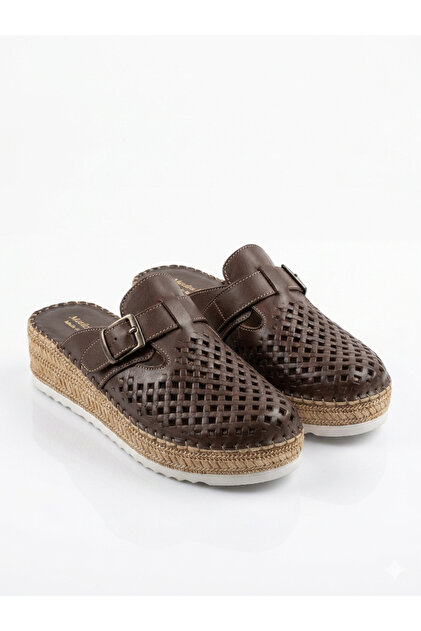 Genuine Leather Brown Orthopedic Sole Perforated Women's Slippers