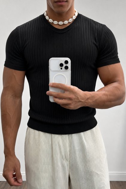 Erkek Slim Fit Fitilli Triko Tişört Bisiklet Yaka Premium Pamuk Basic Yazlık T-Shirt