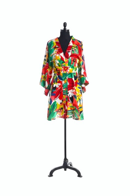 Multi-Colored Floral Patterned Midi Length Viscose Women's Kimono