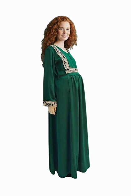 Peach DEE'S FASHION Women's Long Maternity Gown with Gold Trim, Empire Waist,  Long Sleeve Maxi Dress (UAE/KSA, Alpha, XL, L, Regular, Regular, green)-  Trendyol