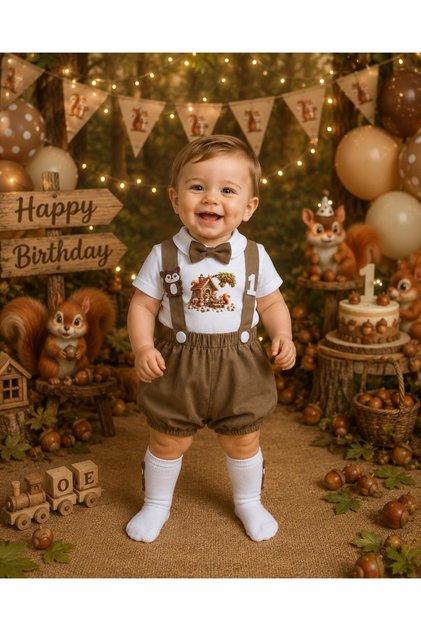 Squirrel Concept 1 Year Old Boy's Salopet Shirt Socks Bow Tie Set