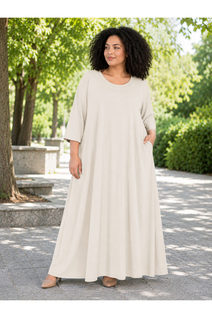 Plus Size Crew Neck Solid Color Long Length Loose Cut Comfortable Fit Casual Women's Dress