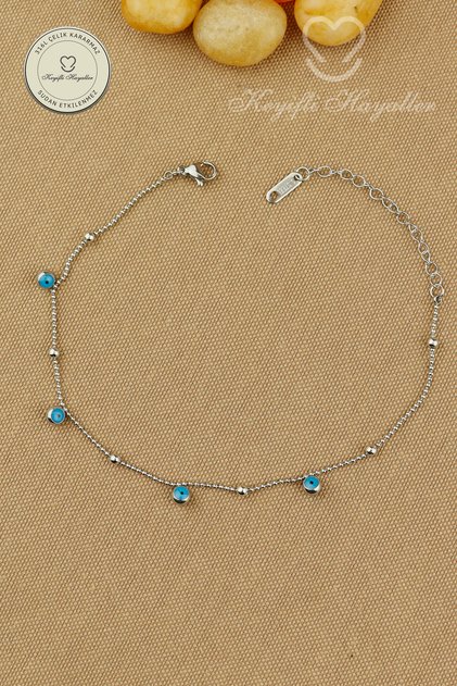 316L Steel Anklet - Minimal Dorica Chain with Double-Sided Blue Evil Eye Beads 316L Steel Anklet 21+5cm