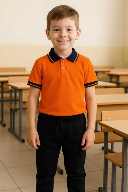 Polo Yaka Pamuklu Kısa Kol Koyu Laci Turuncu Çizgili Yaka Turuncu Çocuk Okul Tişört - T shirt