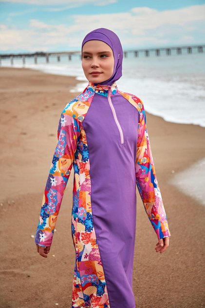 Purple Colorful Patterned Fully Covered Hijab Swimsuit 4-Piece Set M2495