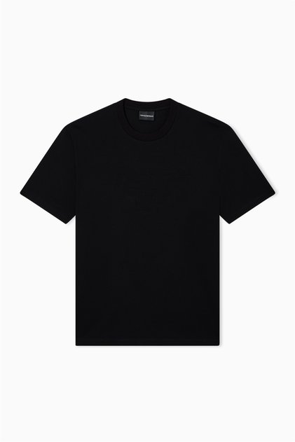 Men's Regular Cut Textured Logo Detailed Round Neck Cotton Short Sleeve Black T-Shirt
