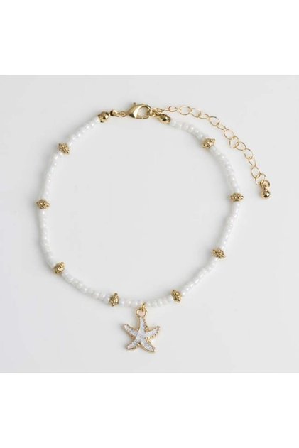 Brățară de Picior Aurie pentru Femei cu Mărgele Albe și Stea de Mare, Accesoriu Plajă