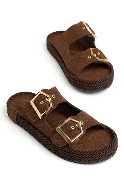 Suede Comfortable Women's Slippers with Buckle Detail