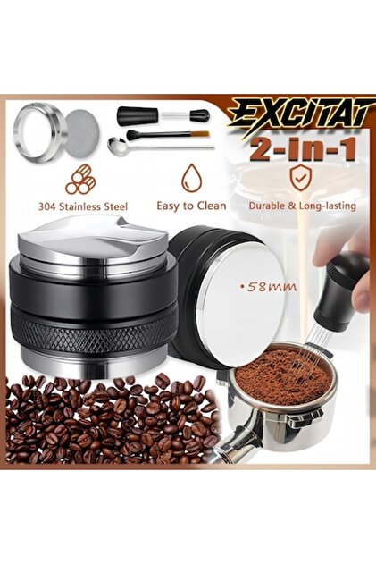 Σετ 6 αξεσουάρ εσπρέσο, Excitat ® 58 χιλιοστά, Ανοξείδωτο ατσάλι, Διπλό ταμπερ καφέ, Δαχτυλίδι δοσομέτρησης καφέ, Βελόνα διανομής, Σίτα διανομής νερού, Βούρτσα, Κουτάλι, Εργονομικό, εύκολο στη χρήση, Μαύρο