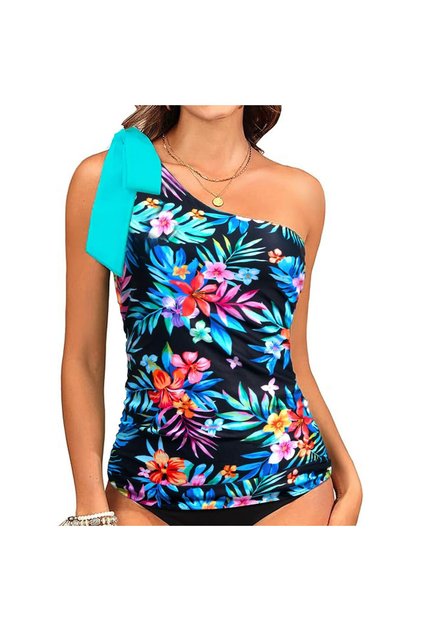 Set tankini de damă cu un singur umăr, costum de baie din două piese cu volane, bretele detașabile cu fundă – Cu un singur umăr 2XL