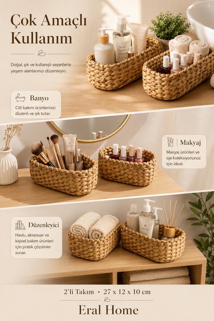 Dekoratif Çok Amaçlı Banyo Mutfak Makyaj Organizer El Yapımı Doğal Hasır 2 li Set 27 x 12 x 10 cm