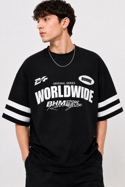 Men's Black 100% Cotton Overise Wide Fit T-Shirt