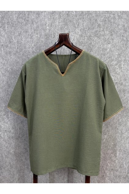Oversize Bohemian Crochet Khaki Cotton Linen Tshirt