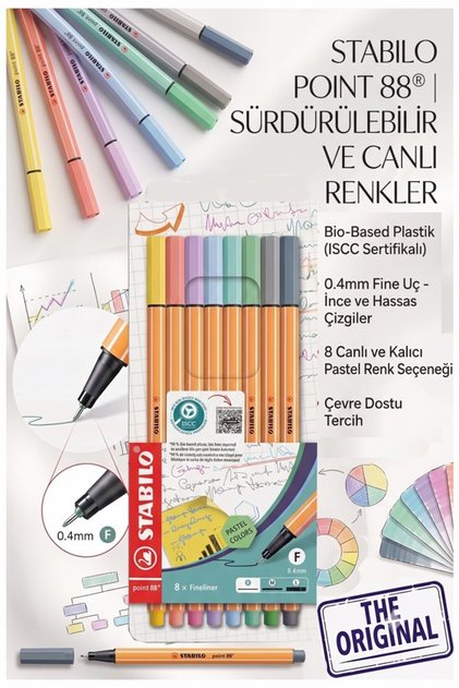 8 Renk Fineliner Kalem 1 Paket Stabilio Point 88 8 li Pastel Renkler İnce Keçe Uçlu Kalem 0.4mm Su B