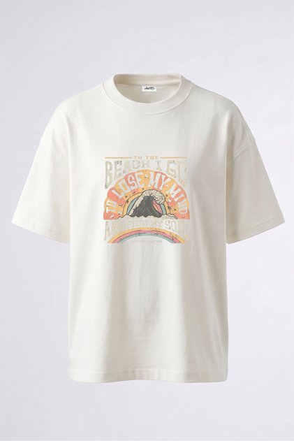 Wave Beach Design Back Printed Cotton White Oversize T-Shirt