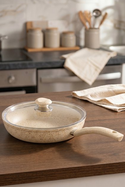32 Cm Cream(Krem) Ezme Seri Granit Kapaklı Tava, Non-stick, 2,6 LT Kızartma Tavası (BAKALİT KULPLU)