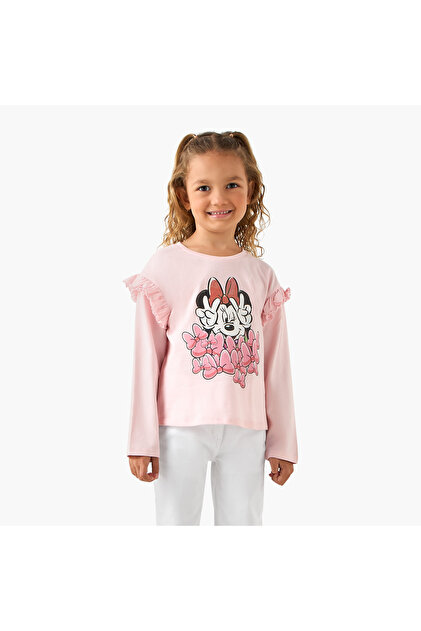 Crew Neck Long Sleeves T-shirt with Minnie Mouse Print