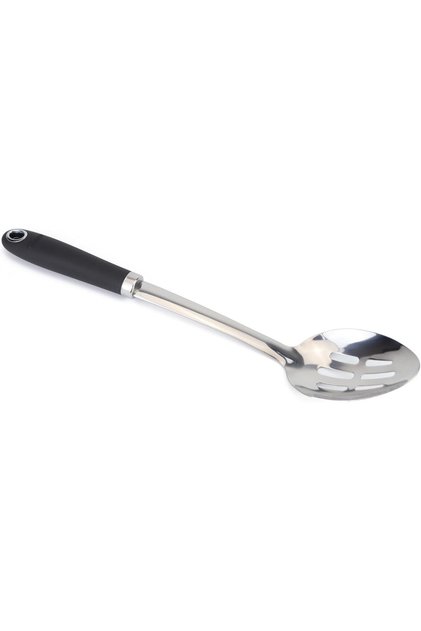 Premium Stainless Steel Slotted Spoon with Non-Slip Ergonomic Black Handle – Heavy Duty Strainer & Skimmer