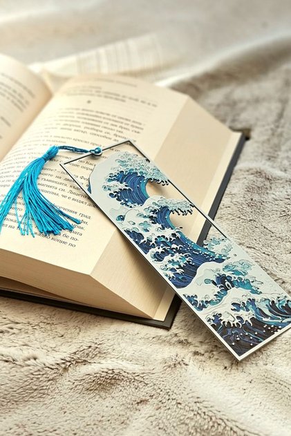 Отметка за книга с пискюл - Артистичен дизайн с мотив "Голямата вълна " на Хокусай | Декоративна отметка с тематика на японско изкуство