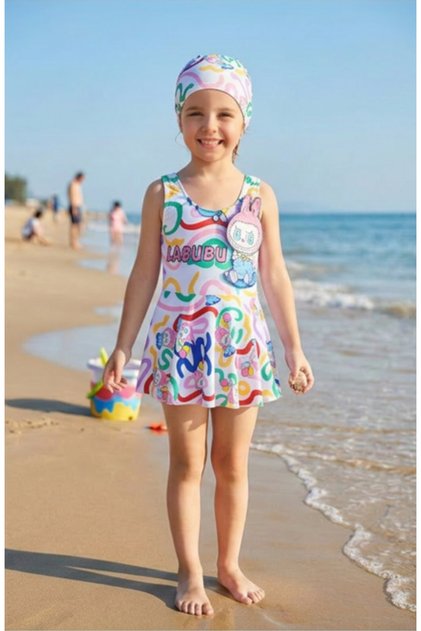 Girl's Skirted Swimsuit and Cap Set Sea Pool Swimsuit