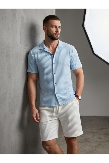 Men's Summer Short Sleeve Shirt Shorts Set Baby Blue-White