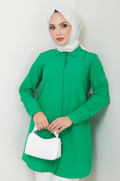 Women's Long Basic Green Polo Collar Hijab Shirt Dress