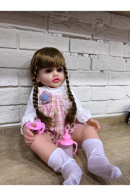 Örgülü Saçlı Elbiseli Reborn Et Bebek - Aksesuarlı Oyuncak Bebek (45 cm)