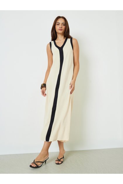 Beige Contrast Trim V Neck Maxi Dress