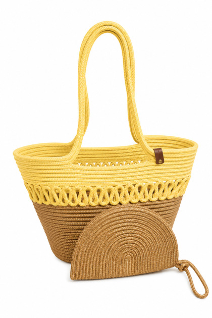 Aya Trikot Shoulder Bag + Moss Clutch 2-Piece Women's Straw Bag Set Large Shoulder Bag and Clutch Handmade Summer, Beach Daily Use Stylish Durable Bag