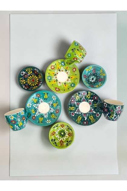 Decorative 3-Person Tulip Design Fully Handmade Coffee Cup Set and Snack Bowl-Sauce Bowl