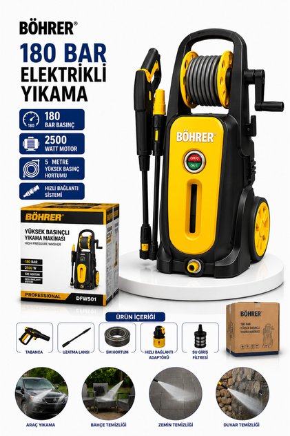BA011361 PROFESYONEL YENİ NESİL 180 BAR YÜKSEK BASINÇLI ARAÇ OTO BAHÇE YIKAMA MAKİNESİ