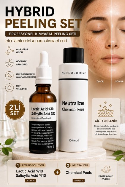 Profesyonel Kimyasal Peeling Seti Hybrid Peel %10 Lactic Acid %10 Salicylic Acid + Neutralizer | Siyah Nokta, Gözenek ve Cilt Tonu Eşitleyici Bakım