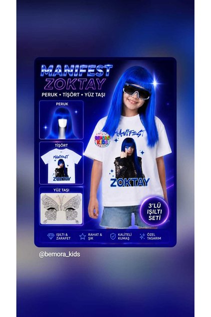 Manifest Zoktay Girl's T-Shirt - Zoktay Blue Wig - Face Stone Set of 3 - Party Birthday Concert Set