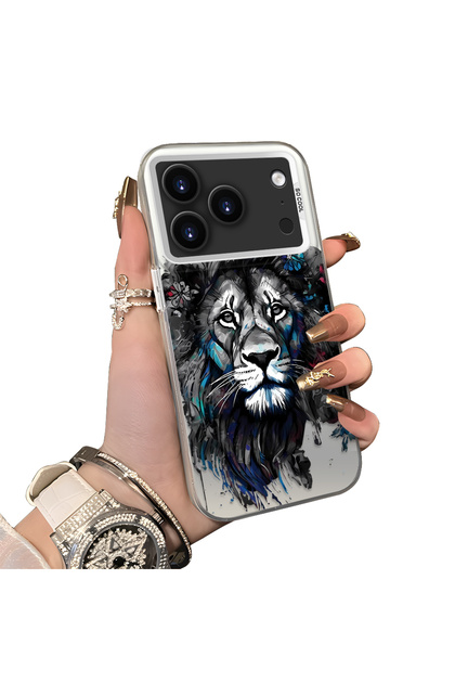 iPhone 17 Pro Compatible Silicone Edge Hard Back Case Couple Phone Case with Lion Pattern