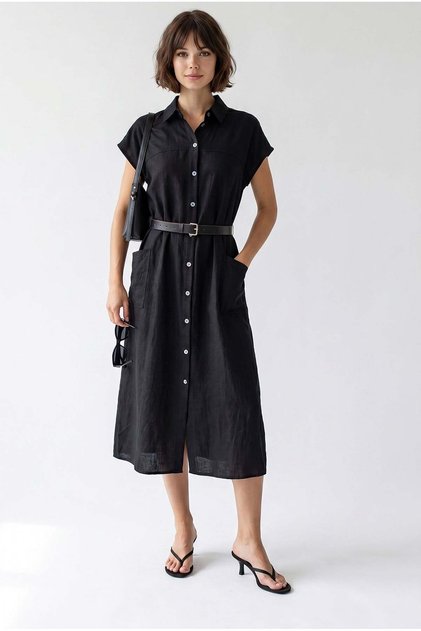 44533 Women's Linen Look Belted Pocket Midi Shirt Dress Black