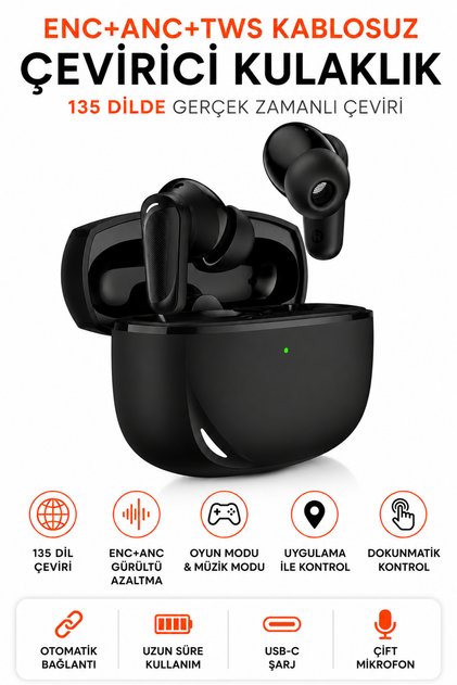 AI Çeviri Destekli Kablosuz Kulaklık, ANC + ENC + TWS Bluetooth 6.0 Kulak İçi Earbuds, IPX4, Oyun Modu, Müzik Modu, Çift Mikrofon, USB-C Şarj, Dokunmatik Kontrol, Siri ve Google Asistan Destekli