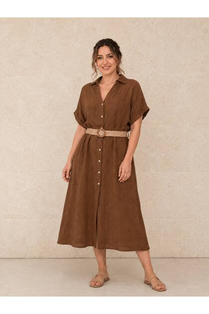 Women's Straw Belted Full Buttoned Cotton Fabric Dress 42-46