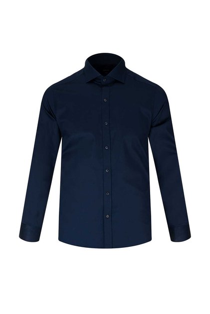 Navy Blue Slim Fit Open Italian Collar Cotton Satin Long Sleeve Shirt