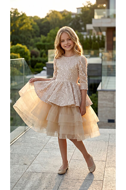 Truvakar Sleeve, Voluminous Layered Tulle Skirt, Girls' Evening Dress, Ages 2-16