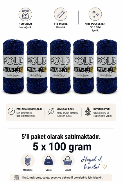 Silvery Polyester Macrame No.3 100 Gr - 115 m - 1 mm Thickness Knitted Bag Rope Supla Rope