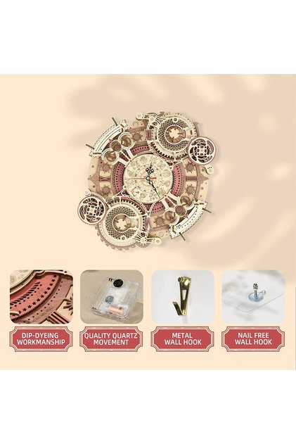 3D Wooden Puzzle DIY Zodiac Wall Quartz Clock Kit, Mechanical Model, 168 Pieces