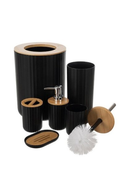 Set de 6 piese accesorii de baie, negru cu bambus – dozator de săpun, perie de toaletă, coș de gunoi, suport pentru periuțe de dinți