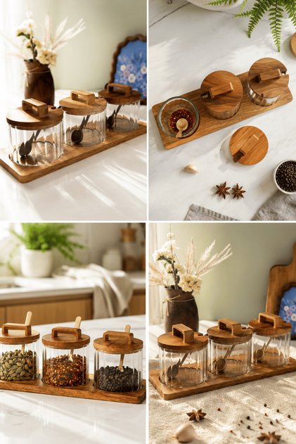 3-Piece Glass Spice Jar Set with Acacia Stand, Spoon and Wooden Lid 450 ml